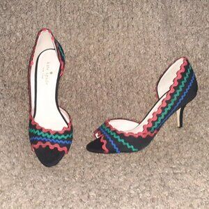KATE SPADE-Saranne-d'Orsay Peep Toe-Black w/Red Green Blue Rick Rack-Sz 5.5-NM